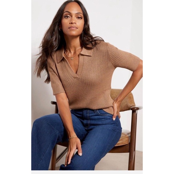 Evereve Sweaters - Evereve‎ Adeline Polo Pullover Womens Brown Knit Short Sleeve Size Small Sweater